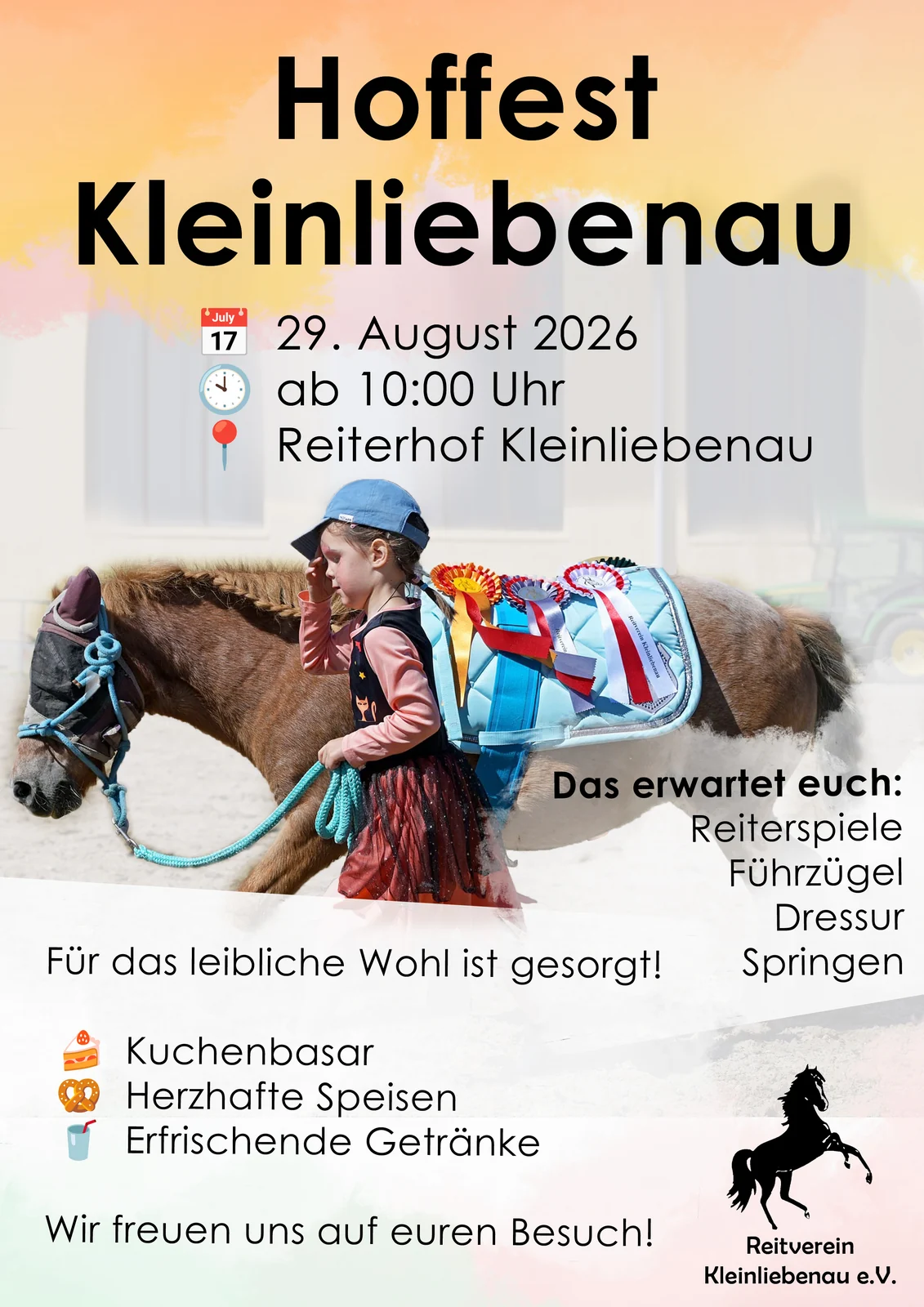 Flyer zum Hoffest Kleinliebenau am 29. August 2026 ab 10:00 Uhr auf dem Reiterhof Kleinliebenau