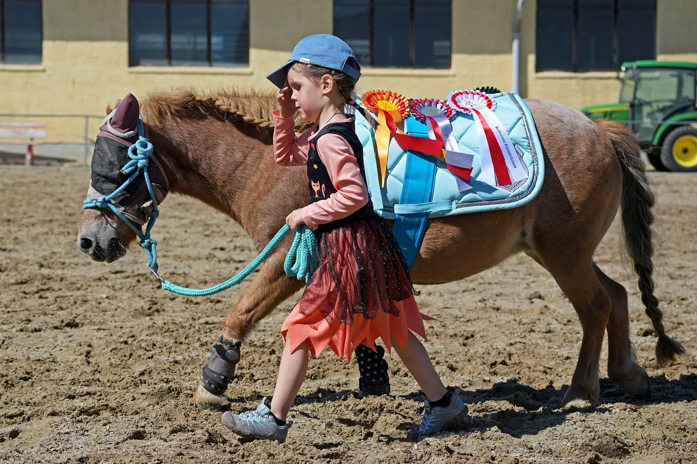Kind führt geschmücktes Pony mit Schleifen beim Hoffest des Reitvereins Kleinliebenau