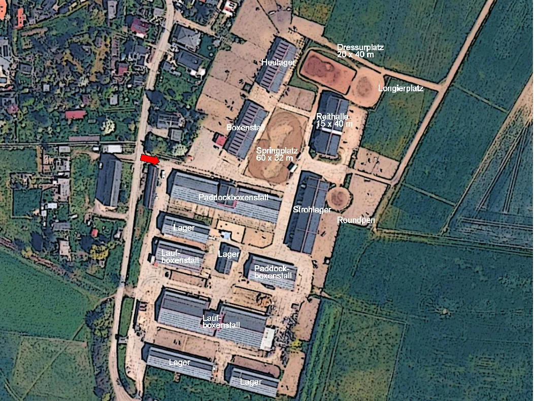 Luftbild-Skizze des Reiterhofs Kleinliebenau mit beschrifteten Anlagen: Reithalle, Dressurplatz, Springplatz, Longierplatz, Roundpen und Ställe